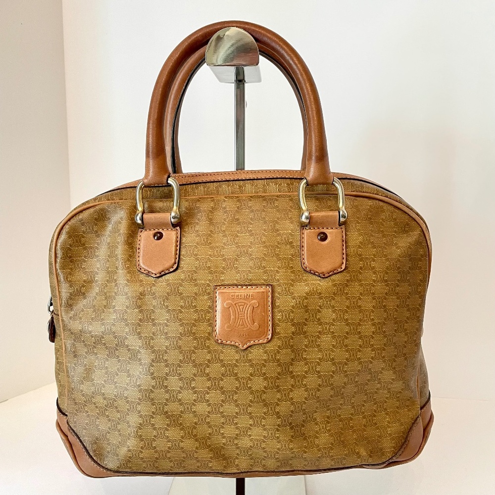 Celine Macadam Vintage Brown/Beige PVC Top Handle Hand Bag